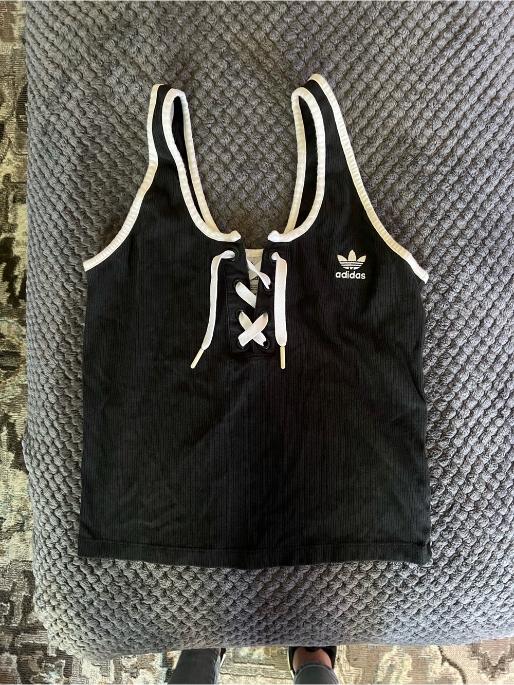 adidas Black Ribbed Tank Top with White Trim and Lace-Up Front